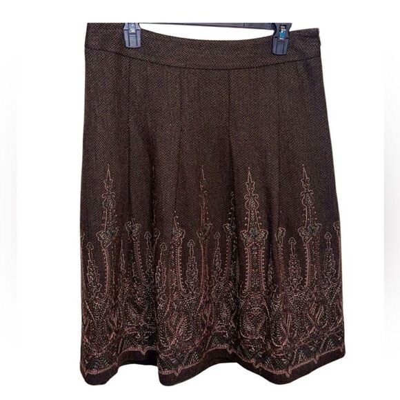 Ann Taylor LOFT- Brown Tweed Embroidered Hemline Women’s Lined Skirt, Size 10 - Picture 1 of 11